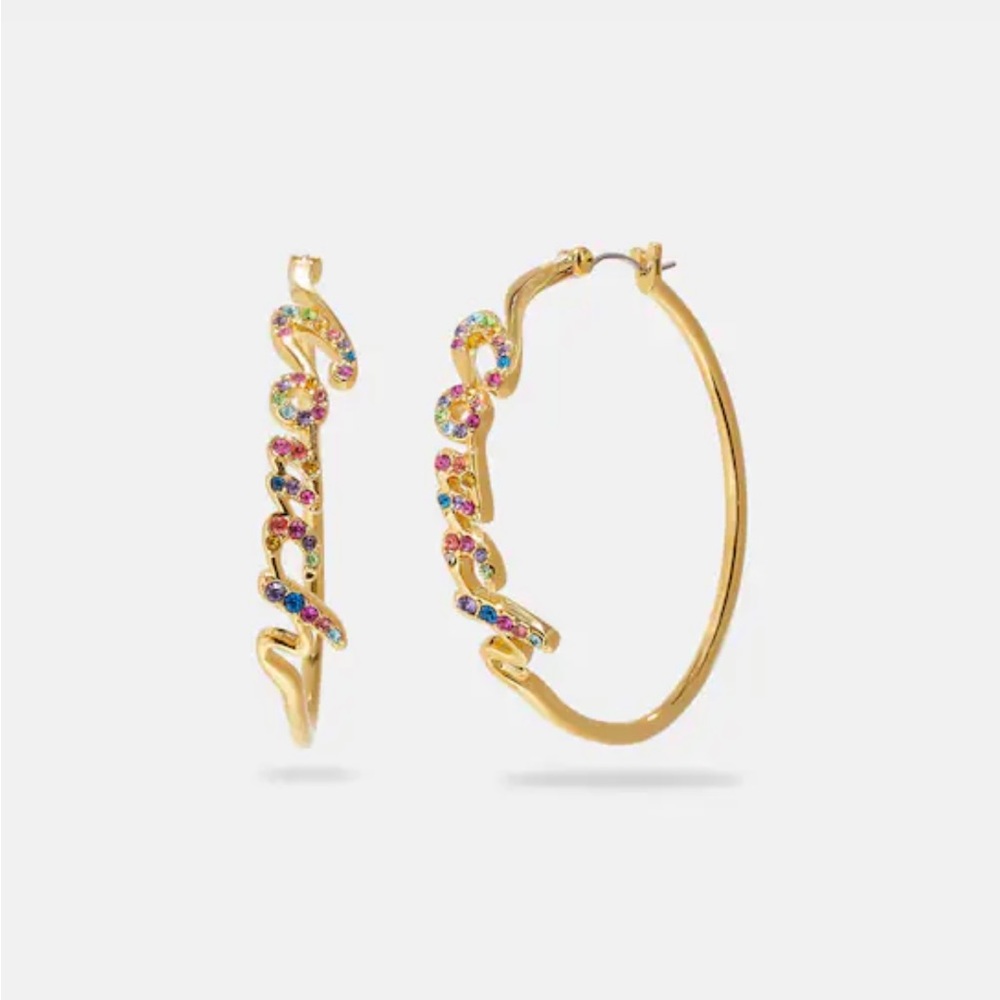 Coach earrings Signature Script Hoop Earrings 

COLOR:
Gold Multi
